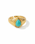 Queens Candy adjustable gold-plated sterling silver ring featuring a teardrop turquoise stone and ribbed band.