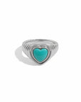 Queens Candy adjustable silver ring featuring a heart-shaped turquoise stone and a ribbed band design.