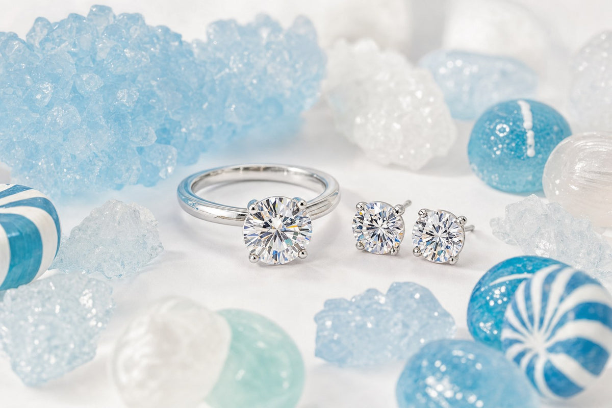 Anillo solitario y aretes de moissanita entre dulces de cristal