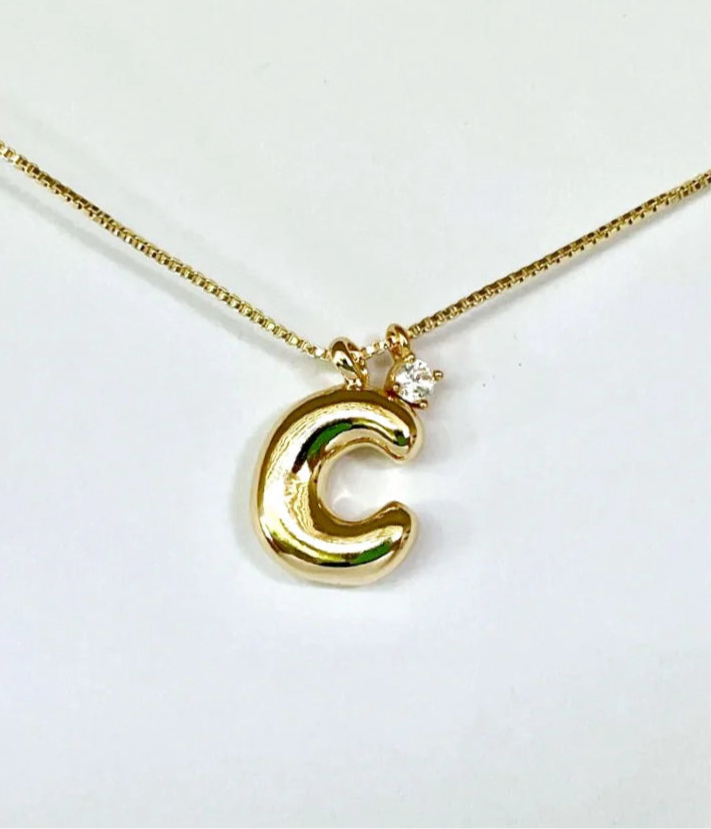 Bubble Initial Box Chain Necklace - Gold