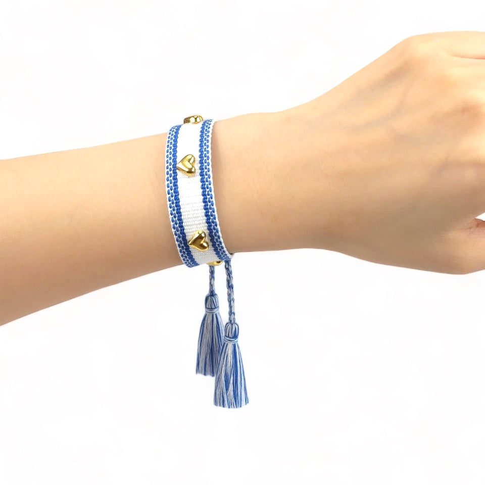 Hearts Tassel Bracelet - White &amp; Blue