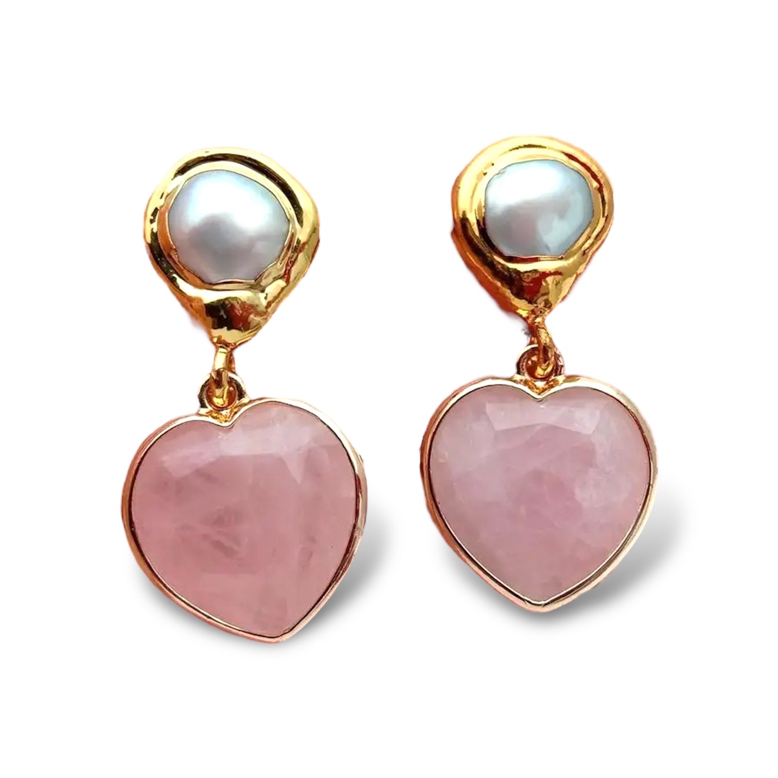 Pearl and Pink Agate Heart Earrings