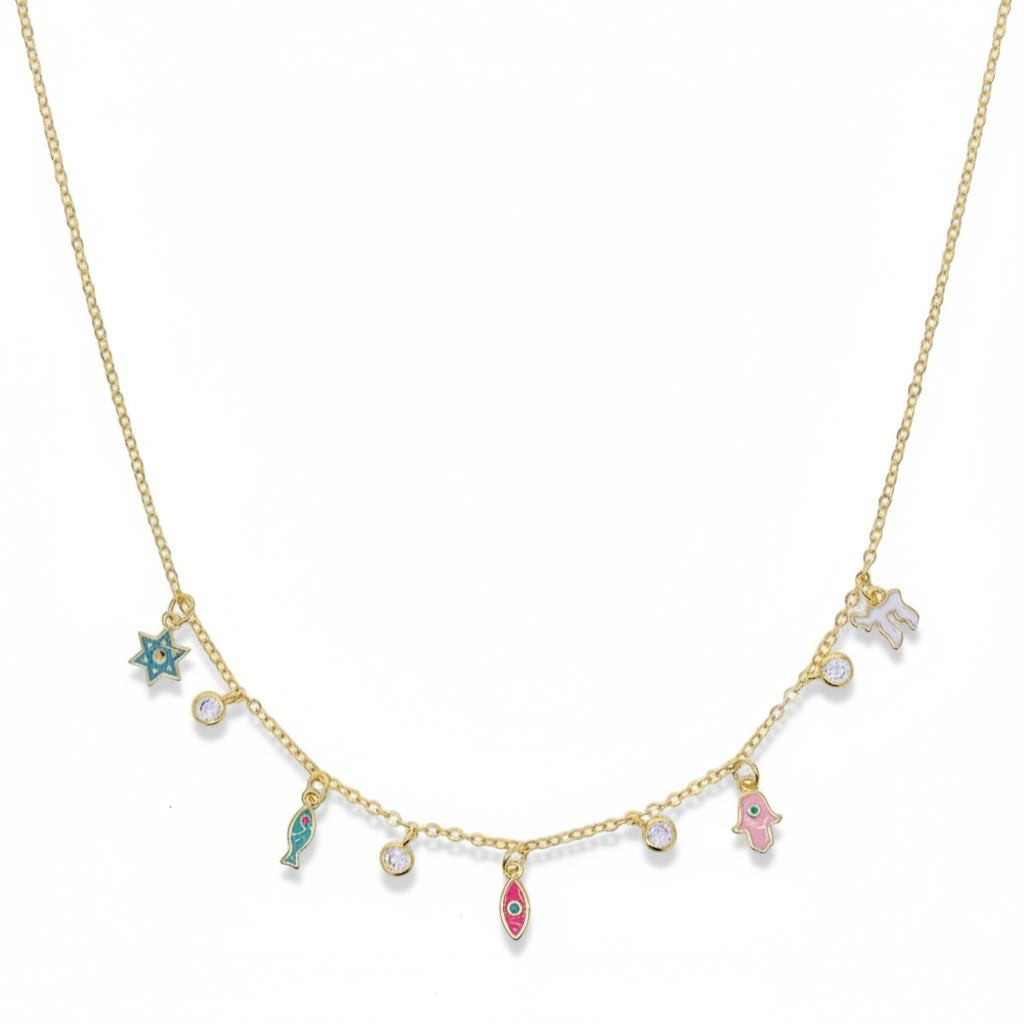 Queens Candy gold plated copper necklace with enamel charms: Star of David, fish, evil eye, hamsa, and chai symbol, accented with cubic zirconia.