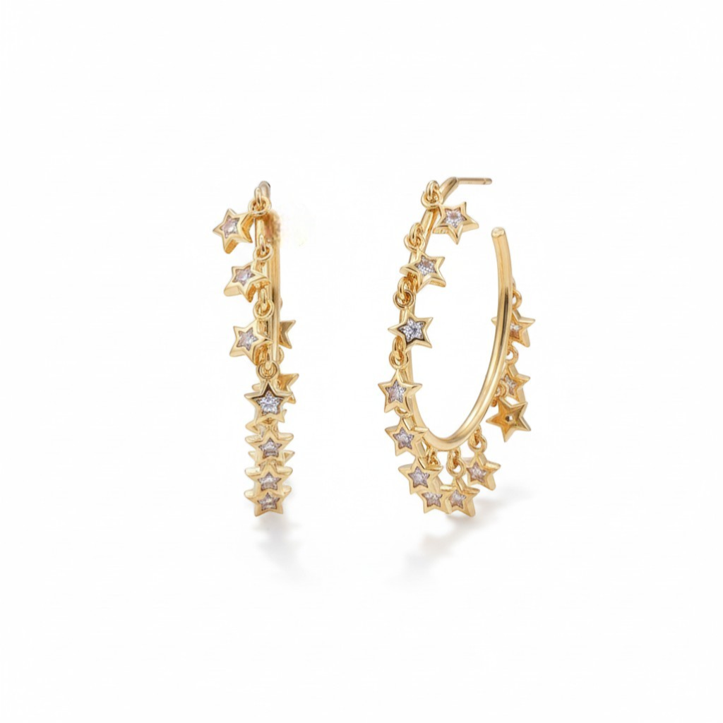Queens Candy gold plated copper hoop earrings with dangling cubic zirconia stars. Lightweight and perfect for everyday wear.