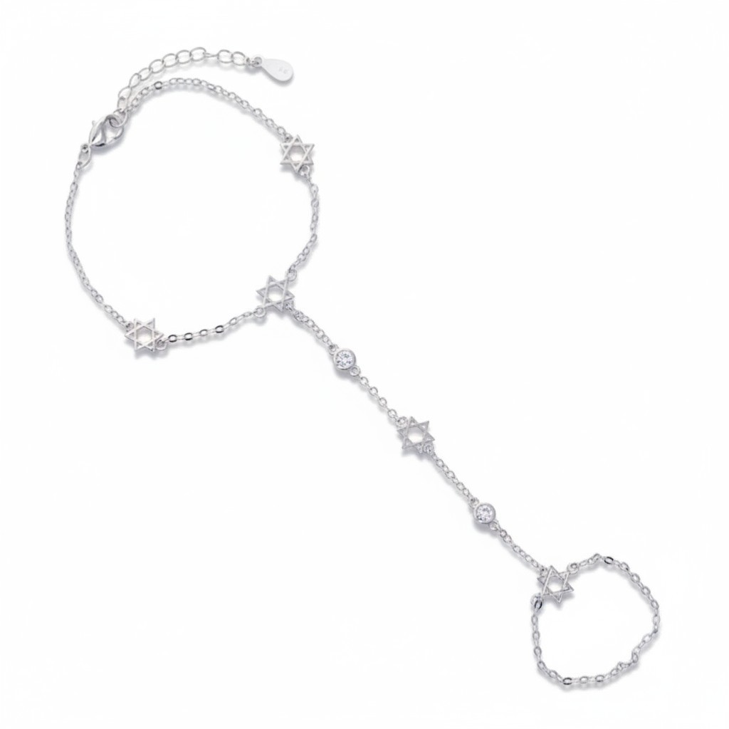 Queens Candy silver hand chain with Maguen David charms and cubic zirconia, adjustable.