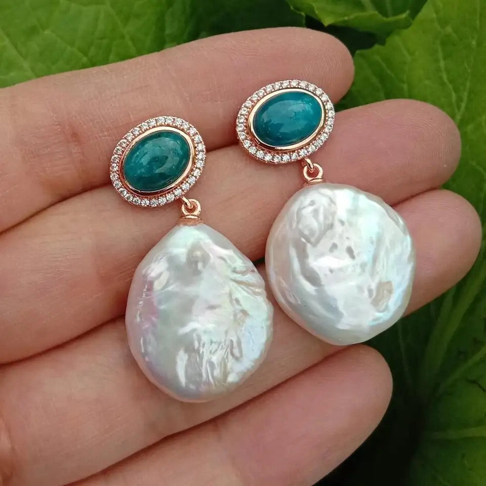 Apatite and Pearl Drop Earrings