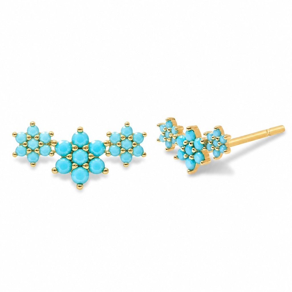 Aretes Queens Candy tipo ear climber con tres flores de turquesa sintética y plata de ley 925 con baño de oro