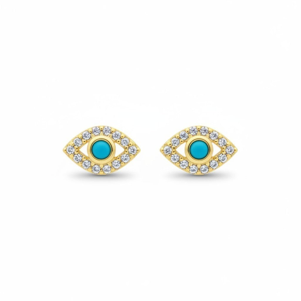Aretes Queens Candy de ojito azul en plata 925 con baño de oro y zirconias brillantes