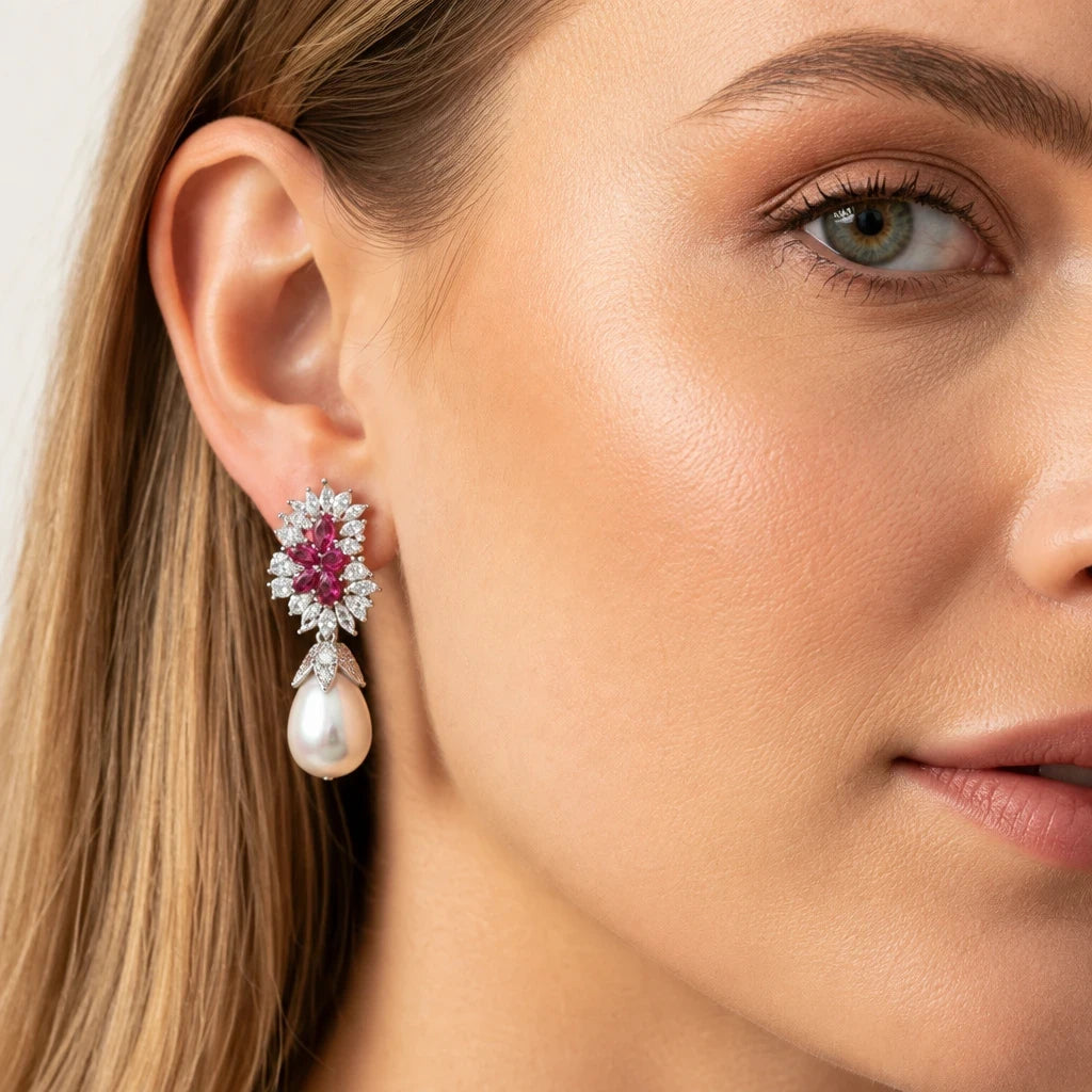 Aretes colgantes Queens Candy con perla sintética, zirconia cúbica roja y detalles brillantes en latón bañado en rodio