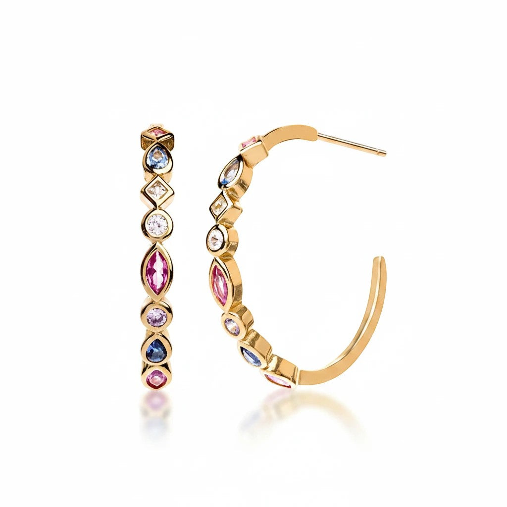 Aros C-hoop Queens Candy de plata 925 con baño dorado y ocho zirconias multicolor en engaste geométrico