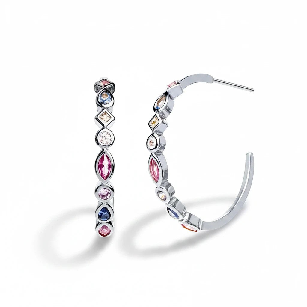 Aros C-hoop Queens Candy de plata 925 con baño de rodio y zirconias multicolor en diferentes formas
