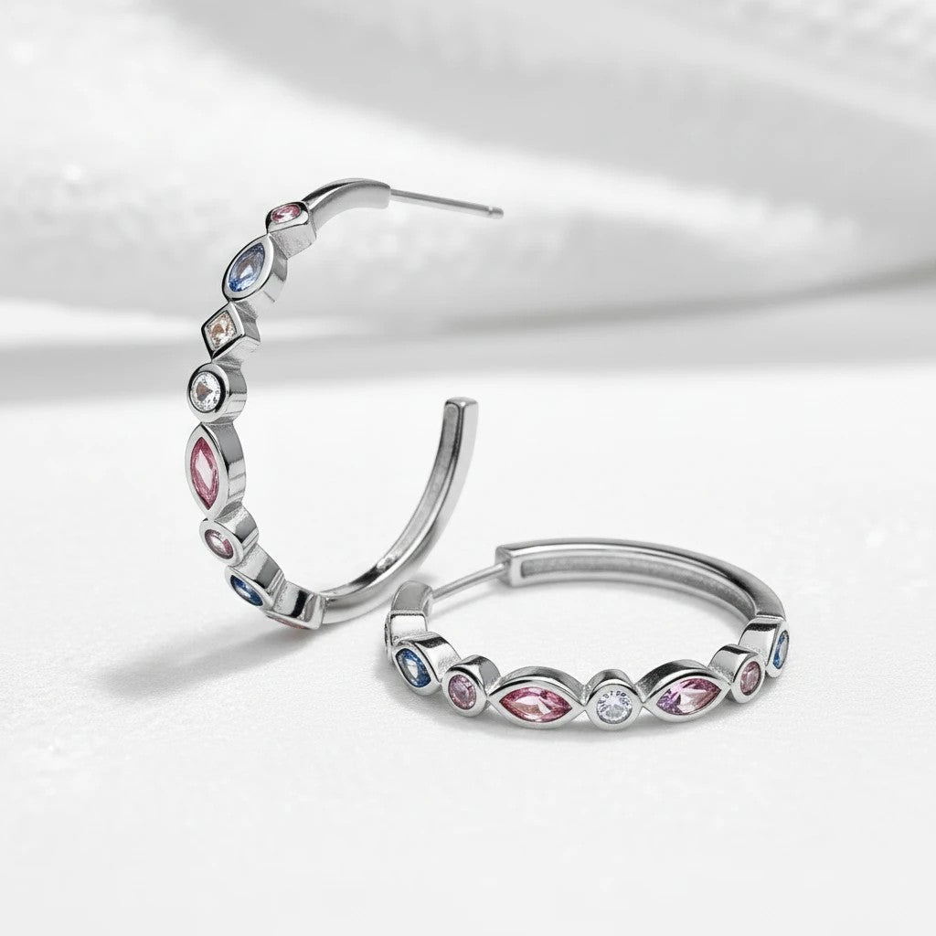 Aros C-hoop Queens Candy de plata 925 con baño de rodio y zirconias multicolor en forma de marquesa y redonda
