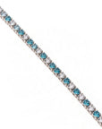 Queens Candy tennis necklace featuring alternating round-cut blue and white cubic zirconia stones in a silver setting.