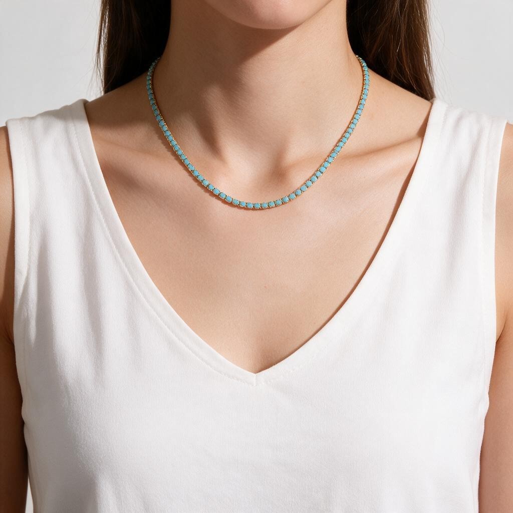Queens Candy tennis necklace featuring round blue cubic zirconia stones set in 18k gold-plated copper on a model