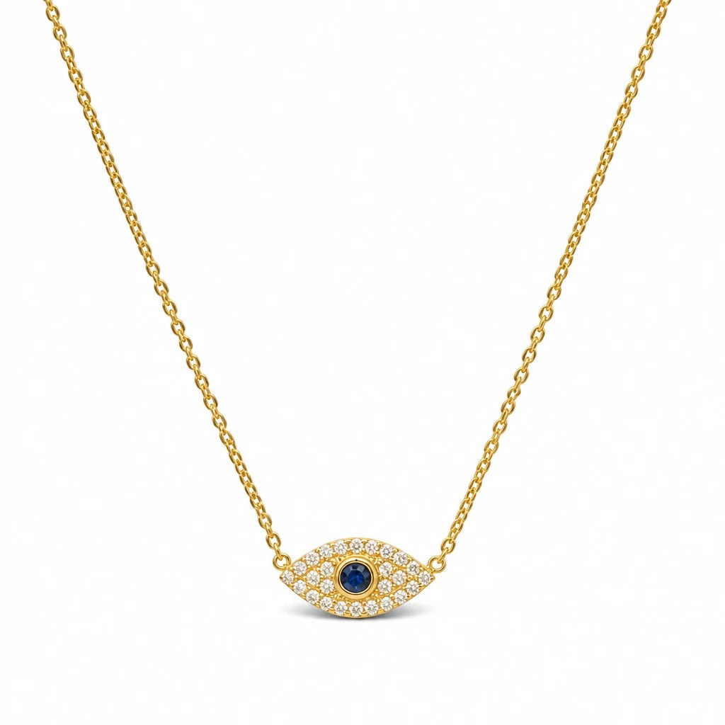 Collar Queens Candy Sweet Glazed de plata 925 con baño dorado, dije de ojo turco con zirconias y piedra central azul.
