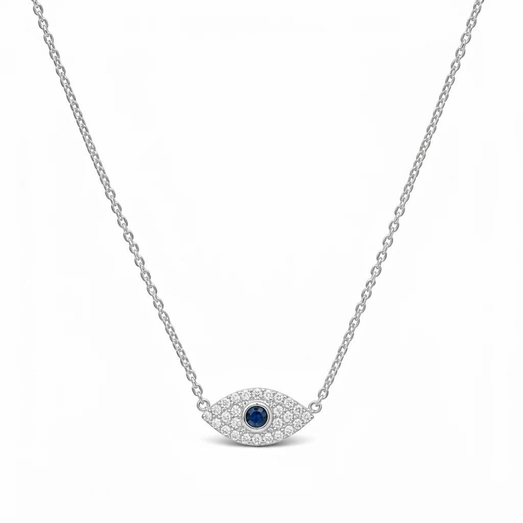 Collar Queens Candy de plata 925 con dije de ojo turco, zirconias brillantes y piedra central azul