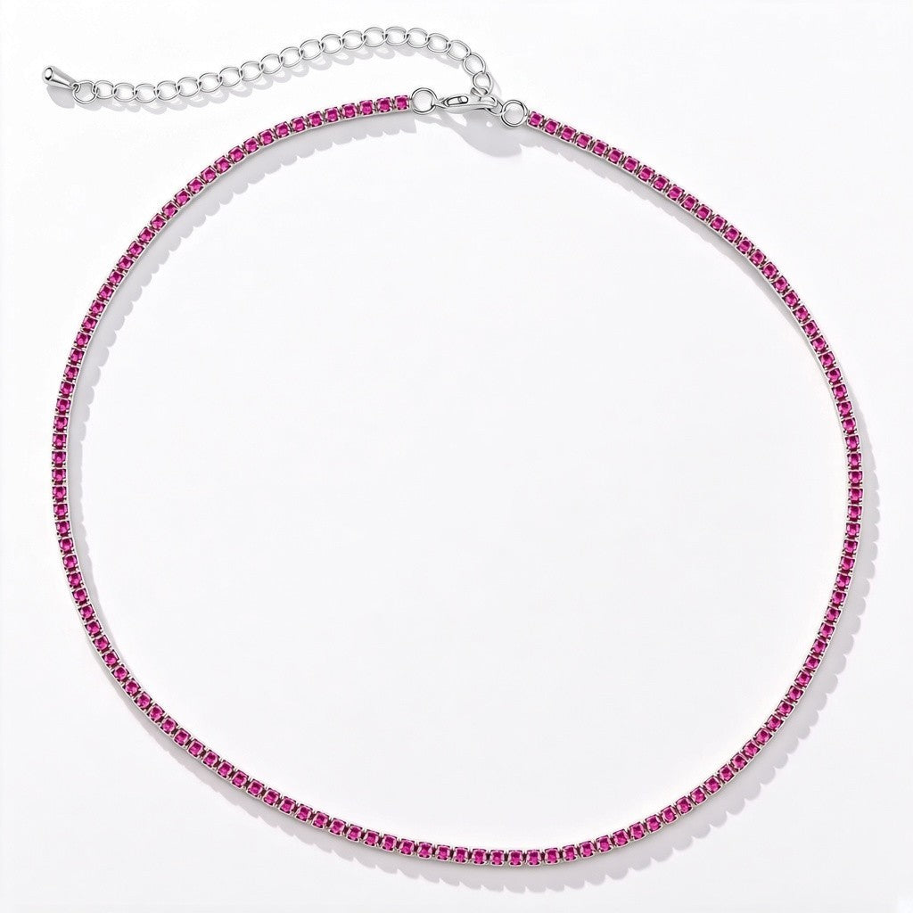 Collar tennis Queens Candy con zirconias cúbicas rosas de 2mm y acabado plateado, ideal para un look elegante.