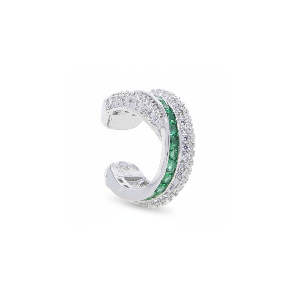 Ear cuff Queens Candy de cobre bañado en platino con circonitas blancas y cristales verdes en pavé