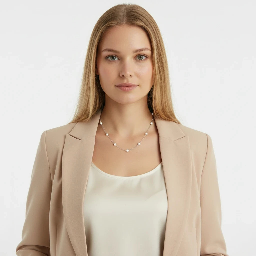 Queens Candy gold-plated choker necklace with irregular freshwater pearls worn by a model in a beige blazer