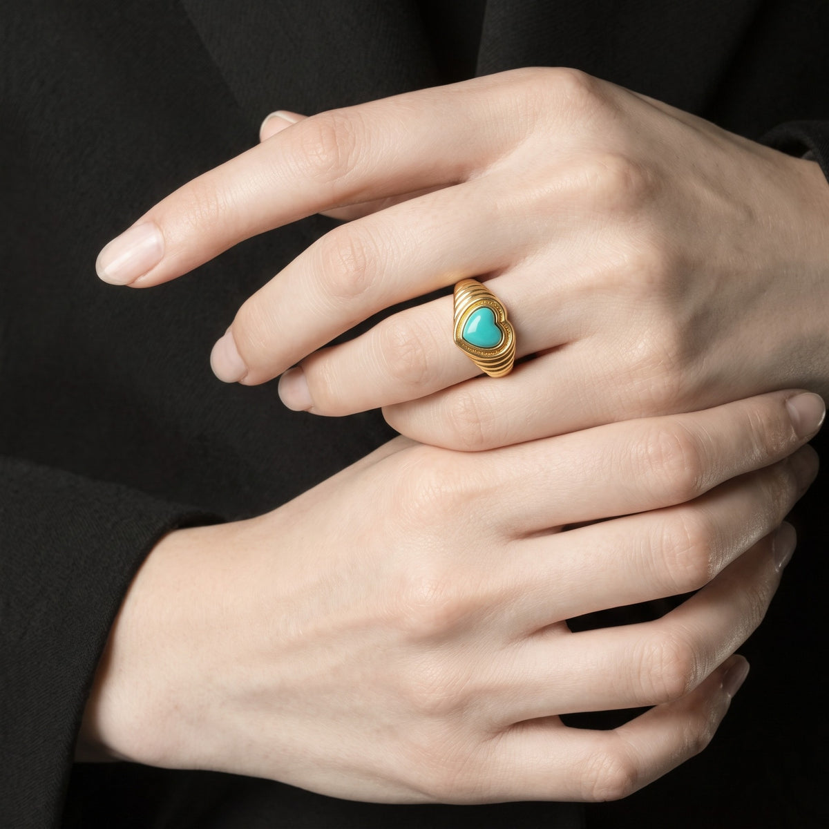 Queens Candy adjustable gold-plated sterling silver ring with a heart-shaped turquoise stone and ribbed band