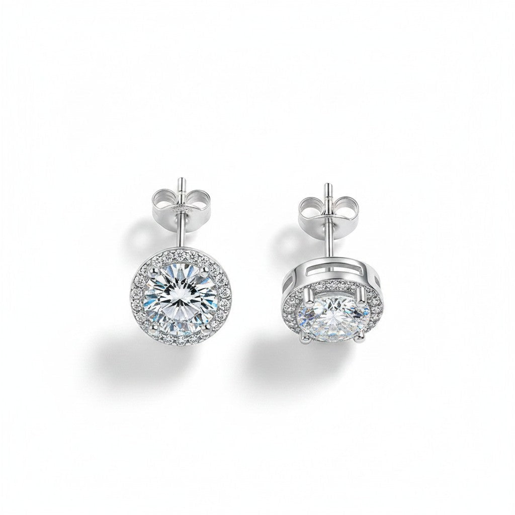 Queens Candy Sugared Gem halo stud earrings featuring 6.5mm moissanite stones in rhodium-plated copper.