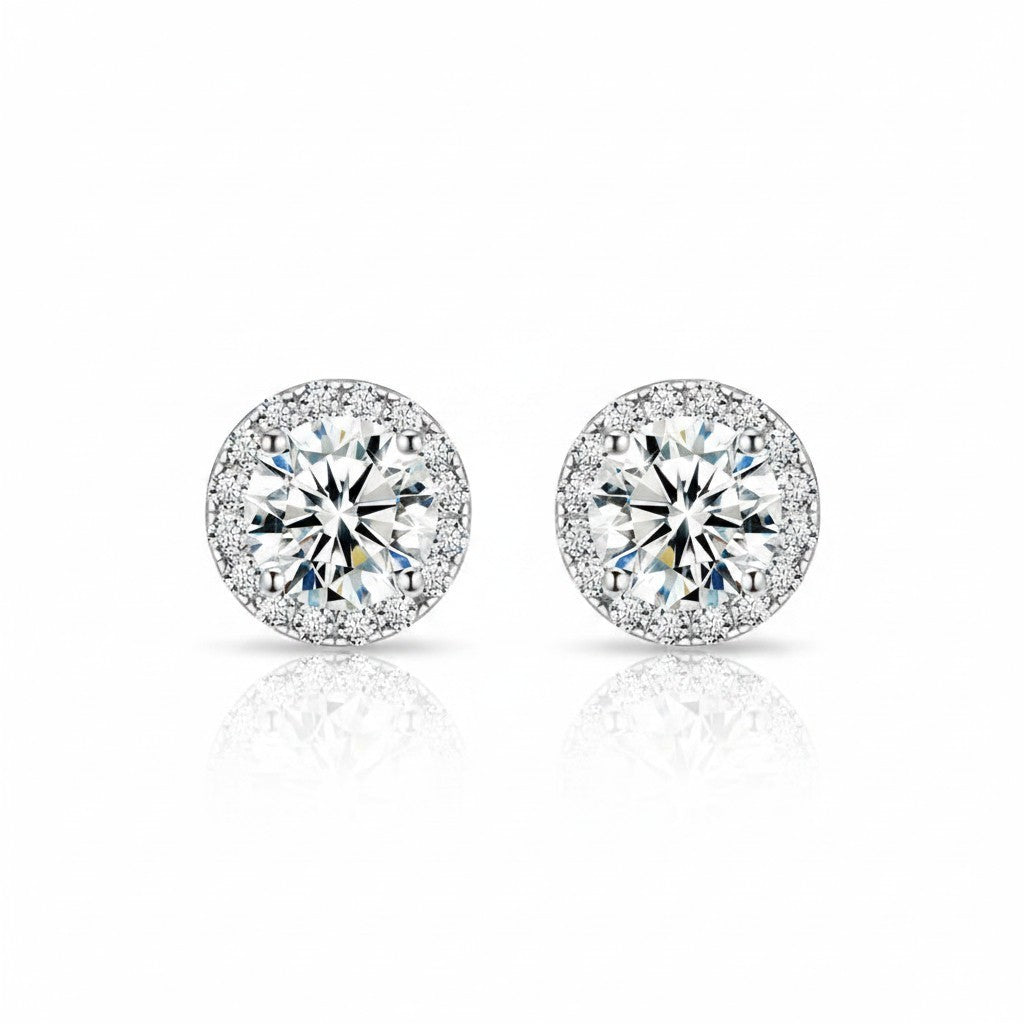 Queens Candy Sugared Gem halo stud earrings featuring 6.5mm round moissanite stones in rhodium-plated copper