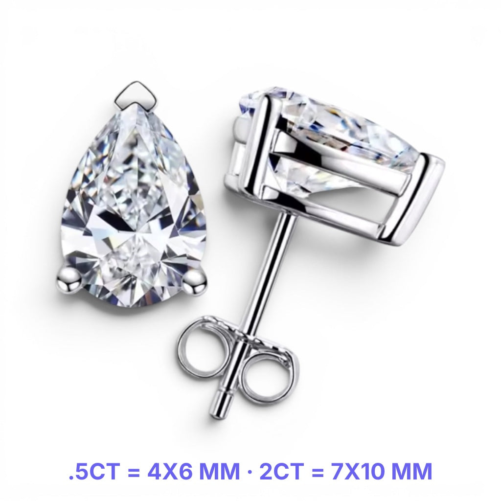 Pear Shape Moissanite Studs - medidas reales por quilate - Queens Candy