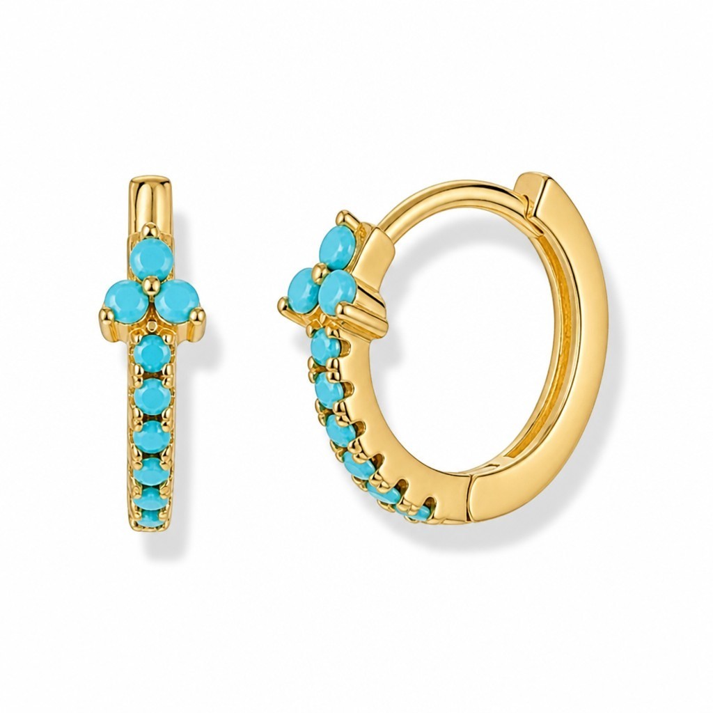 Pendientes de aro Queens Candy Iced Bloom en plata de ley 925 bañada en oro con circonitas turquesa en forma de flor