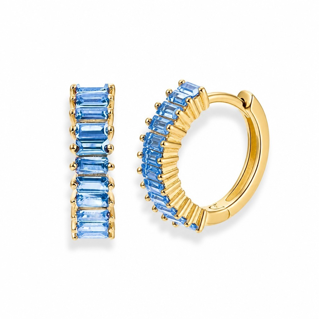 Pendientes de aro Queens Candy de plata de ley 925 bañada en oro con circonitas azules en talla baguette