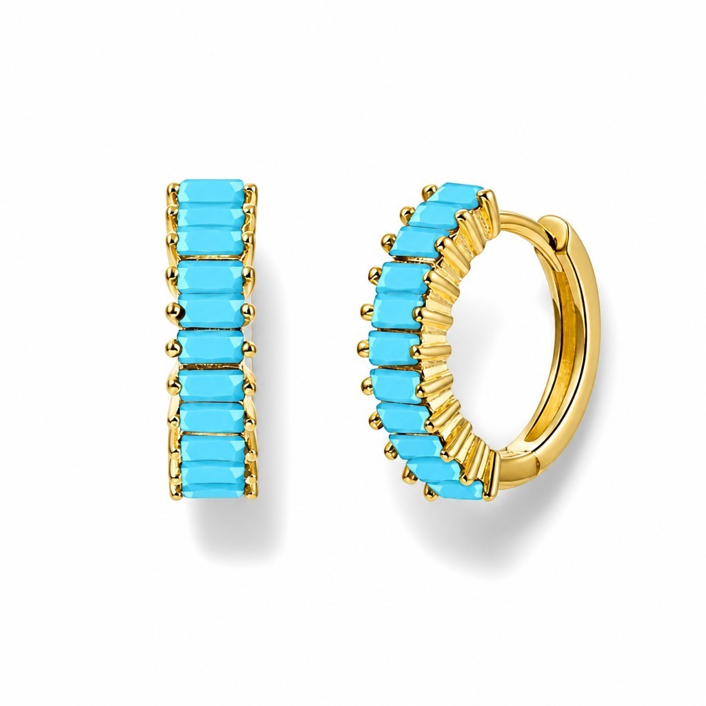 Pendientes de aro Queens Candy de plata 925 bañada en oro con circonitas turquesa en corte baguette de 13mm