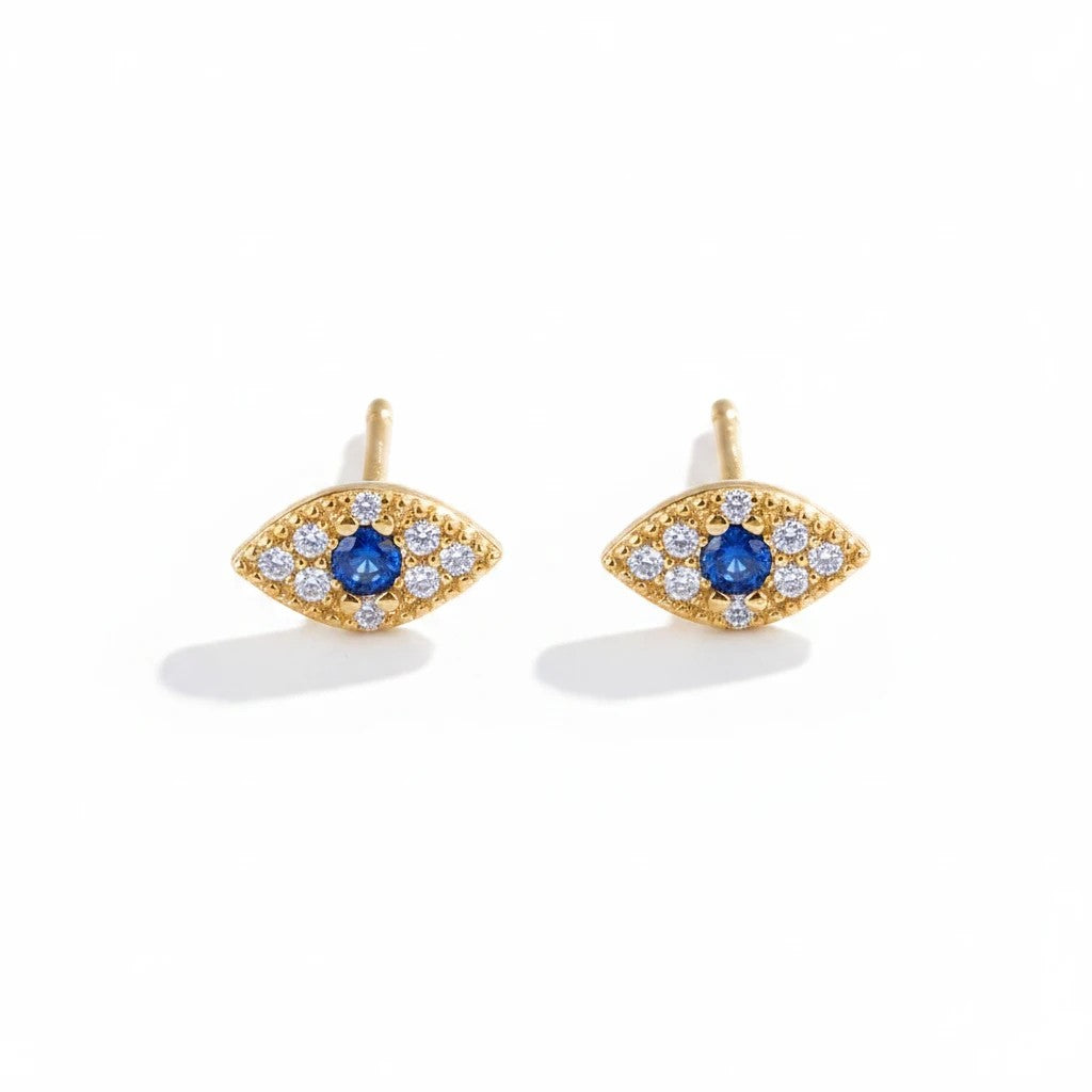 Pendientes de botón Queens Candy con diseño de ojo turco en plata 925 dorada, zirconia azul central y cristales.