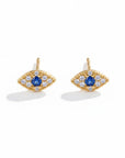 Pendientes de botón Queens Candy con diseño de ojo turco en plata 925 dorada, zirconia azul central y cristales.