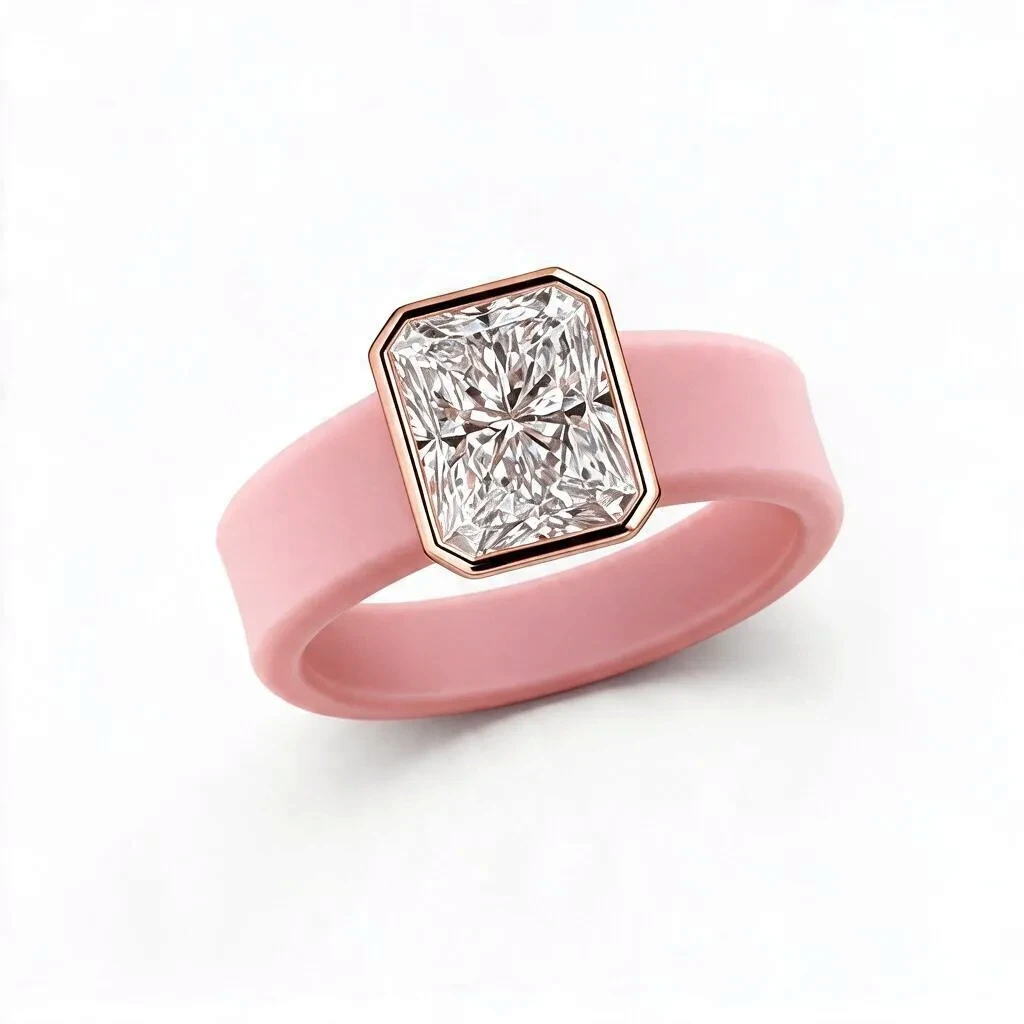 Queens Candy bubblegum pink silicone ring with a rose gold bezel-set rectangular cubic zirconia stone
