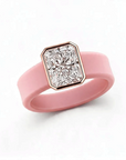 Queens Candy bubblegum pink silicone ring with a rose gold bezel-set rectangular cubic zirconia stone
