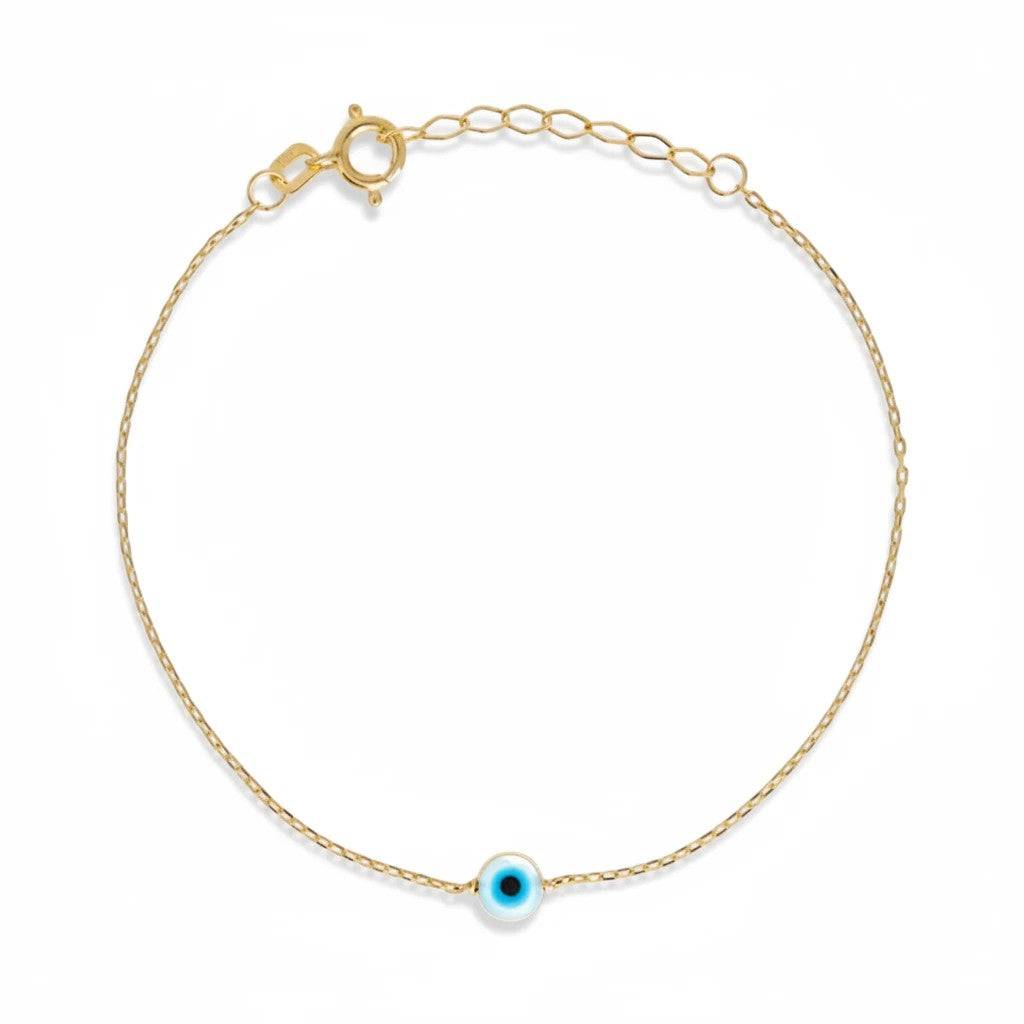 Pulsera Queens Candy de cadena fina en plata 925 con baño dorado y dije de ojo turco azul ajustable