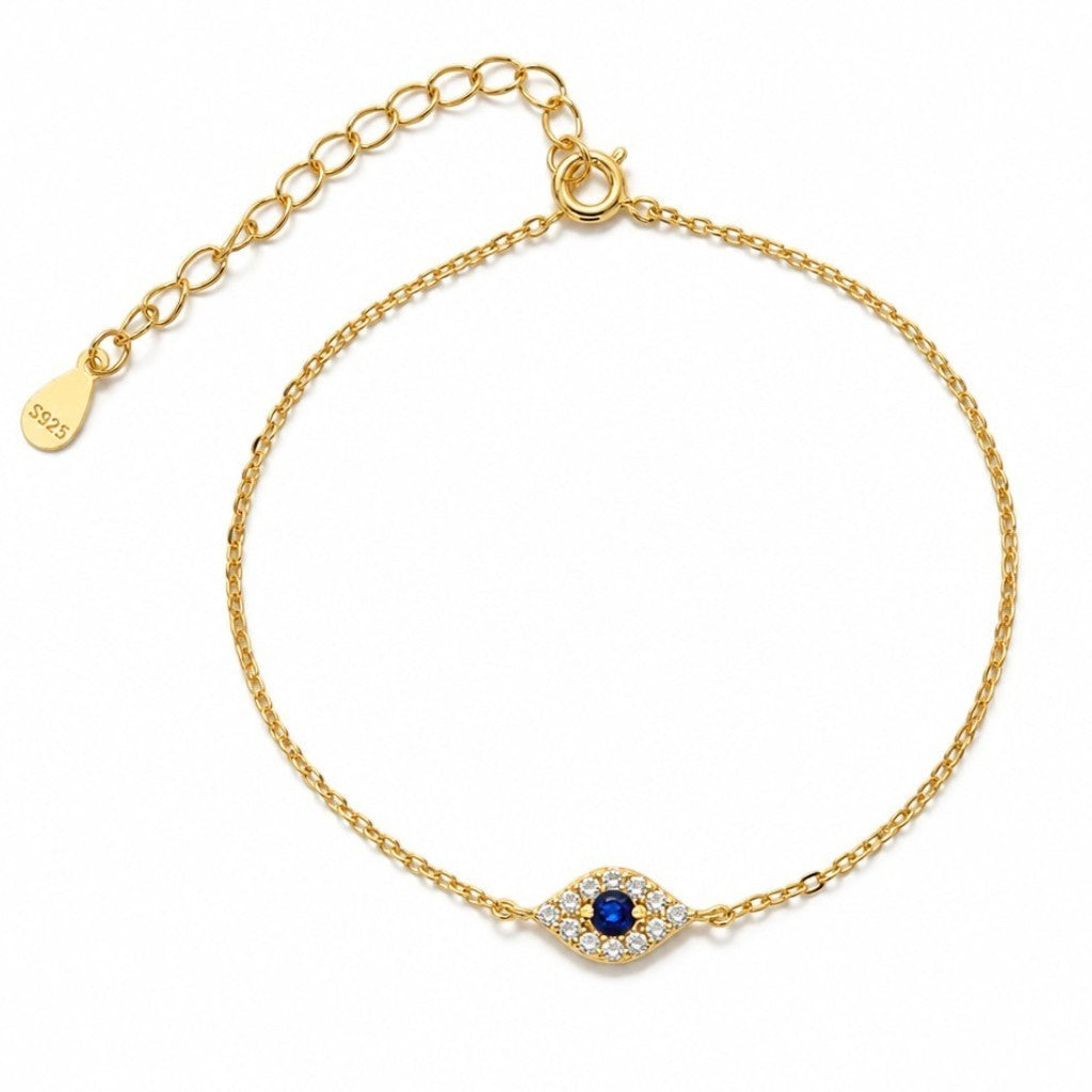 Pulsera Queens Candy Sweet Gaze de plata 925 con baño de oro, dije de ojo turco con zirconias azules y blancas.