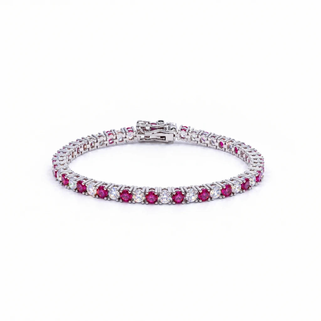 Pulsera tennis Queens Candy con zirconias rojas y blancas alternadas en baño plateado de 17cm