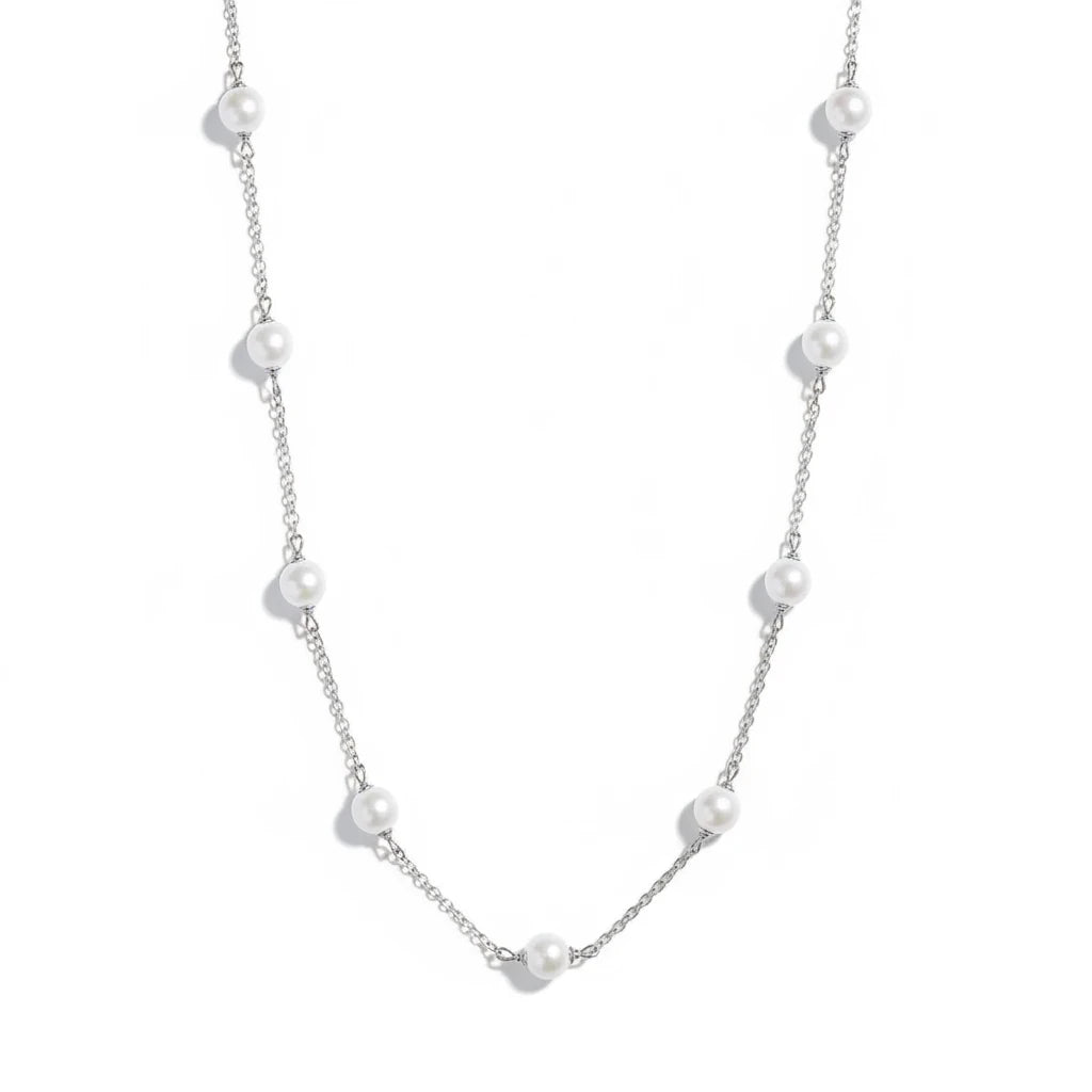Queens Candy silver choker necklace with delicate chain and spaced irregular freshwater cultured pearls.