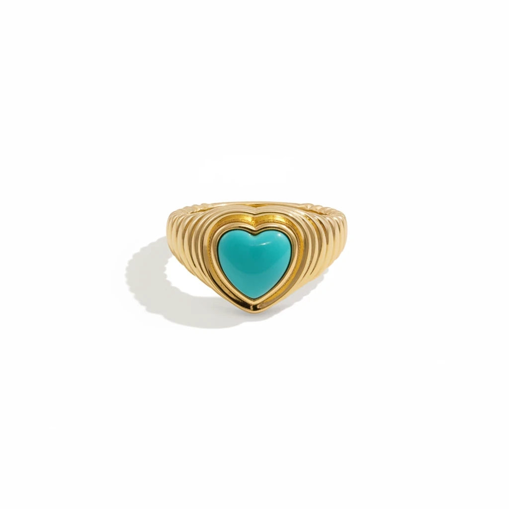 Queens Candy adjustable gold-plated sterling silver ring featuring a turquoise heart stone and ribbed band design.