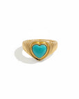 Queens Candy adjustable gold-plated sterling silver ring featuring a turquoise heart stone and ribbed band design.