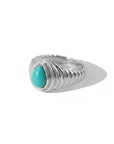 Queens Candy adjustable silver ring featuring a teardrop-shaped turquoise stone and a ribbed band design.