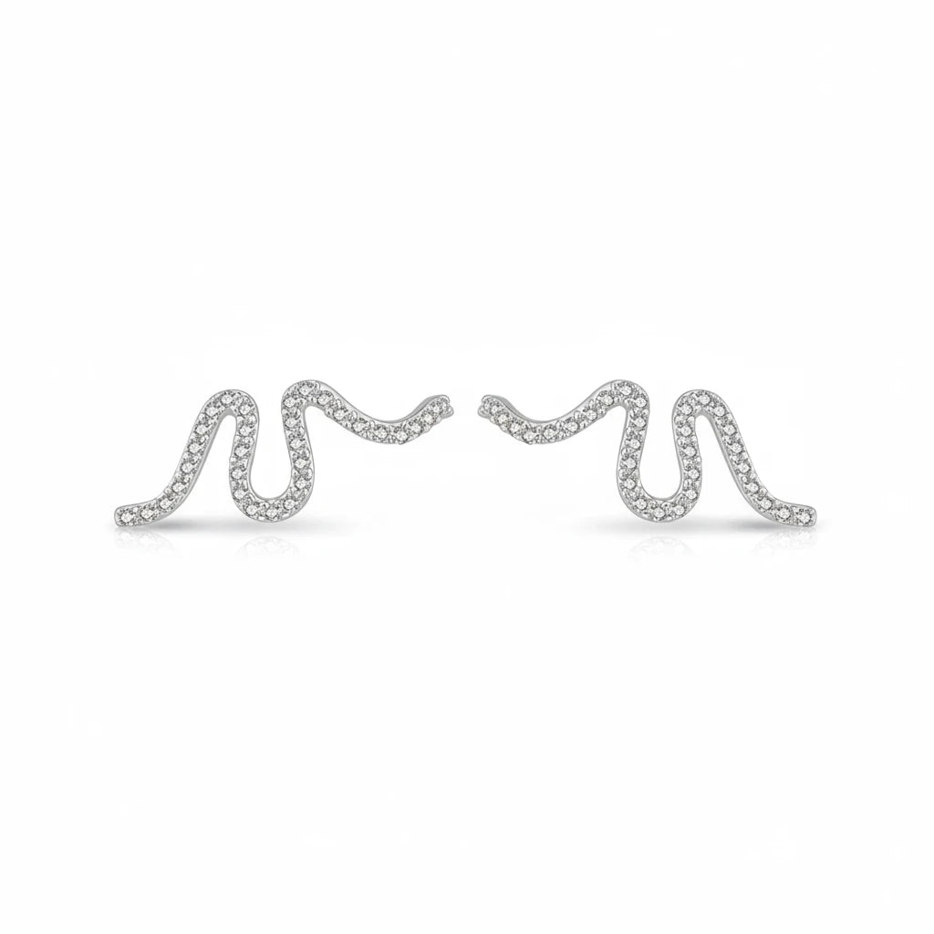 Queens Candy sterling silver stud earrings featuring an irregular wavy design encrusted with sparkling cubic zirconia